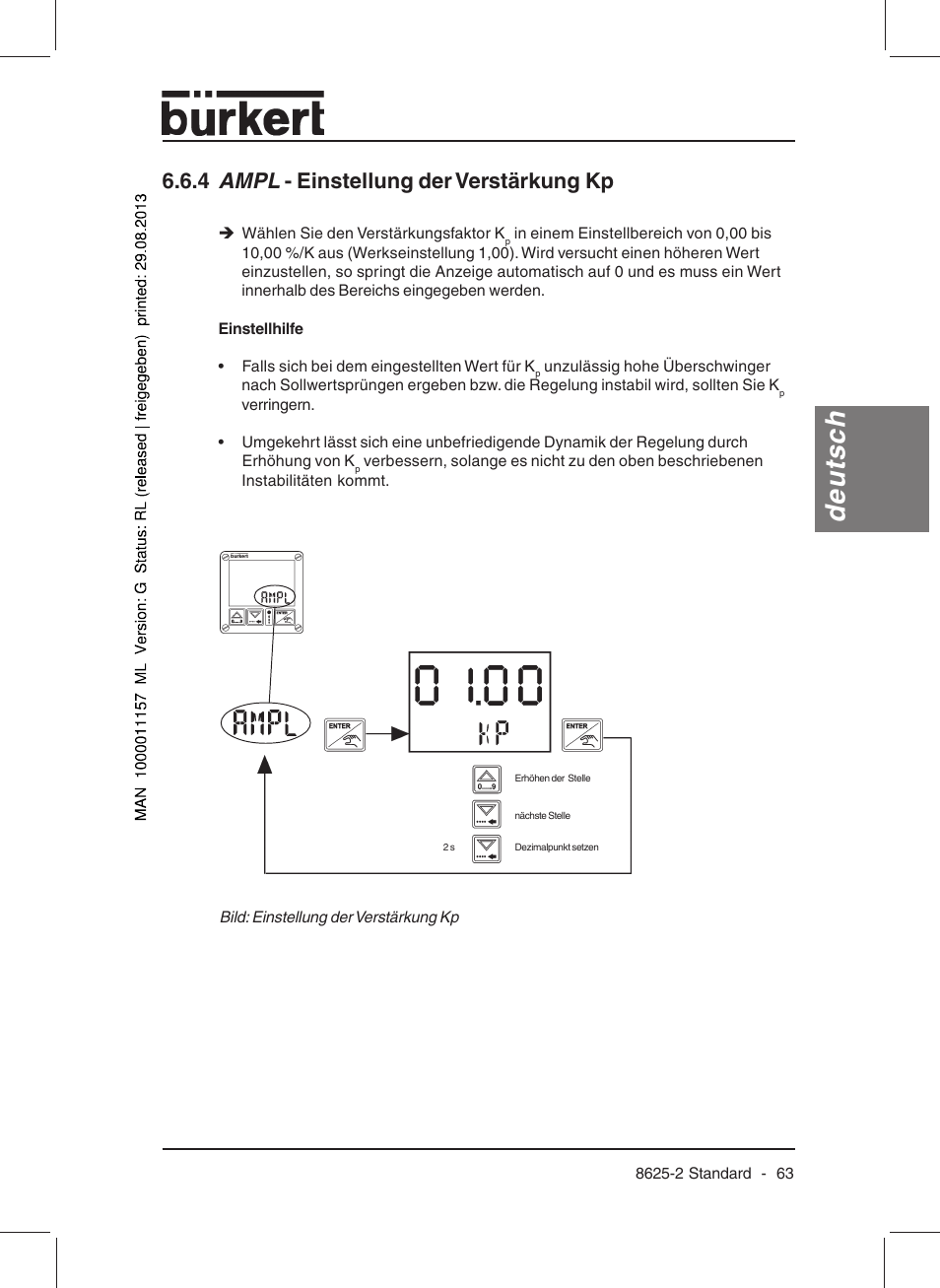 Deutsch, 4 ampl - einstellung der verstärkung kp | Burkert Type 8625 User Manual | Page 65 / 118