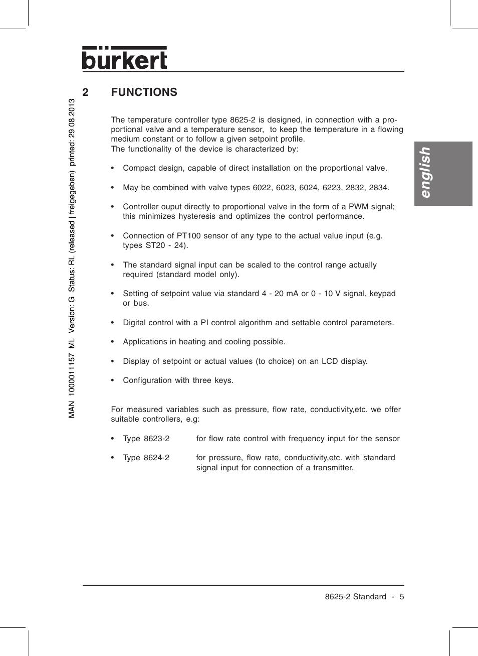 English, 2functions | Burkert Type 8625 User Manual | Page 7 / 118