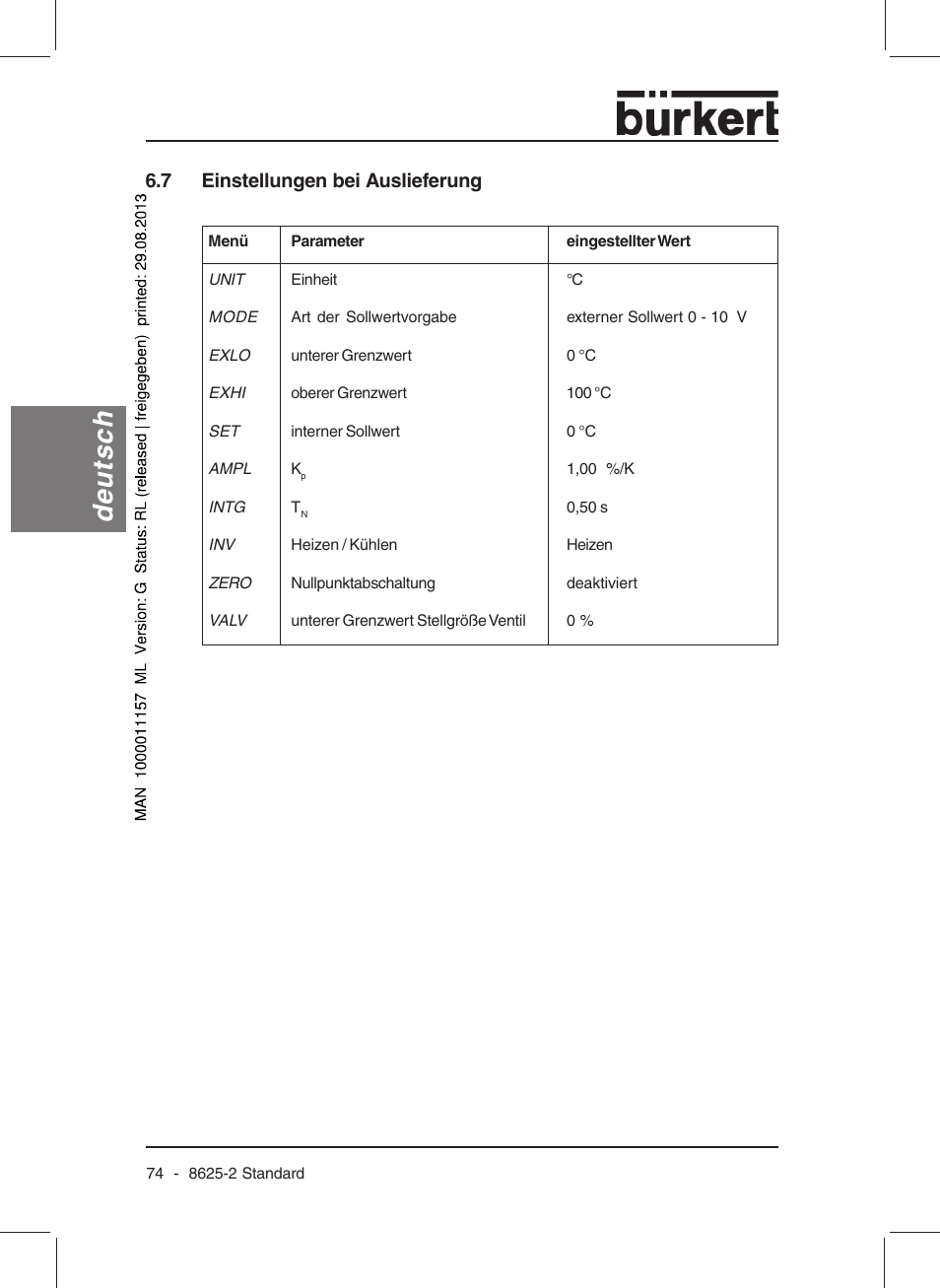 Deutsch, 7 einstellungen bei auslieferung | Burkert Type 8625 User Manual | Page 76 / 118