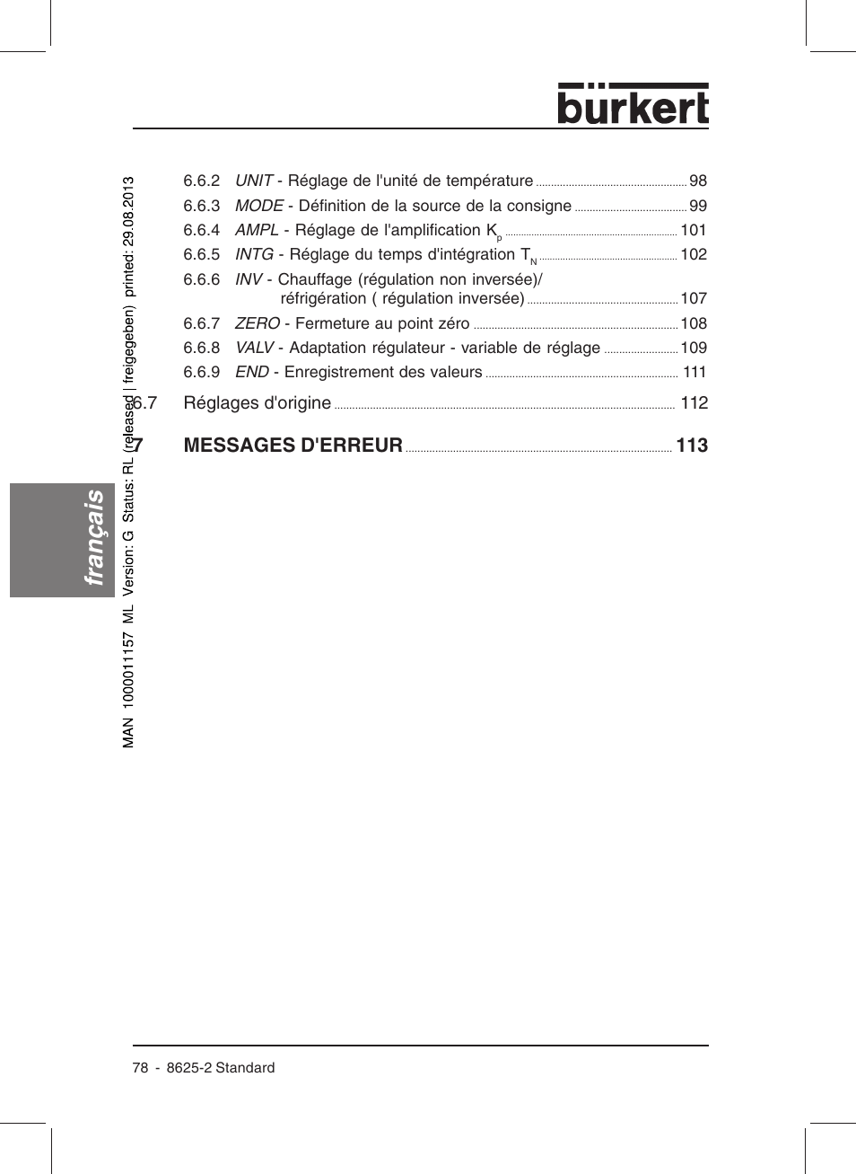 Français, 7messages d'erreur | Burkert Type 8625 User Manual | Page 80 / 118