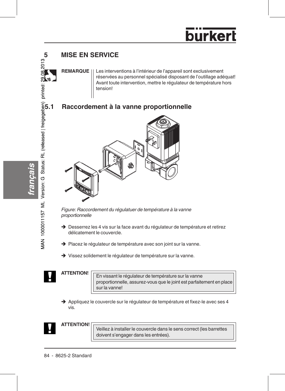 Français, 5mise en service, 1 raccordement à la vanne proportionnelle | Burkert Type 8625 User Manual | Page 86 / 118