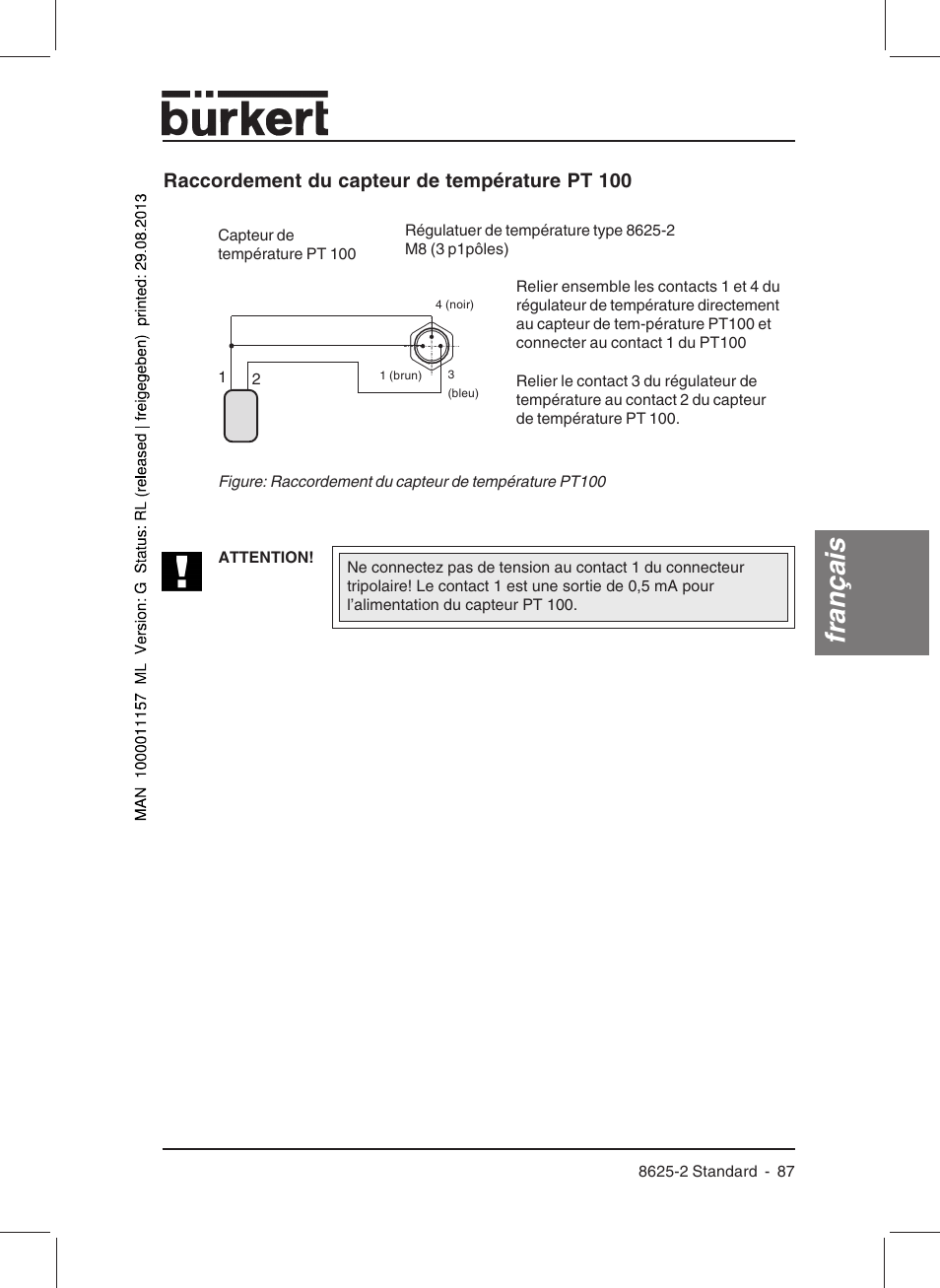 Français, Raccordement du capteur de température pt 100 | Burkert Type 8625 User Manual | Page 89 / 118