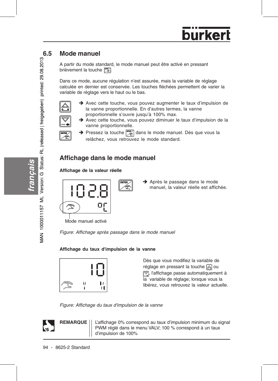 Français, Affichage dans le mode manuel, 5 mode manuel | Burkert Type 8625 User Manual | Page 96 / 118