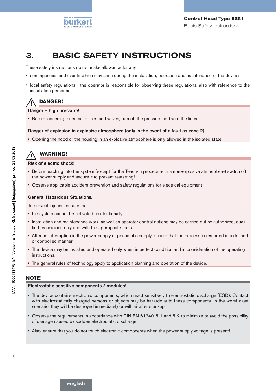 Basic safety instructions, Basic safety instructions 3 | Burkert Type 8681 User Manual | Page 10 / 90