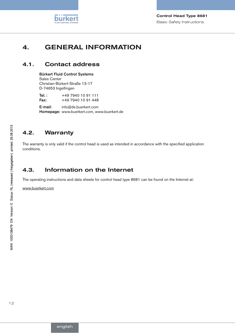 General information, Contact address, Warranty | Information on the internet, General information 4 | Burkert Type 8681 User Manual | Page 12 / 90