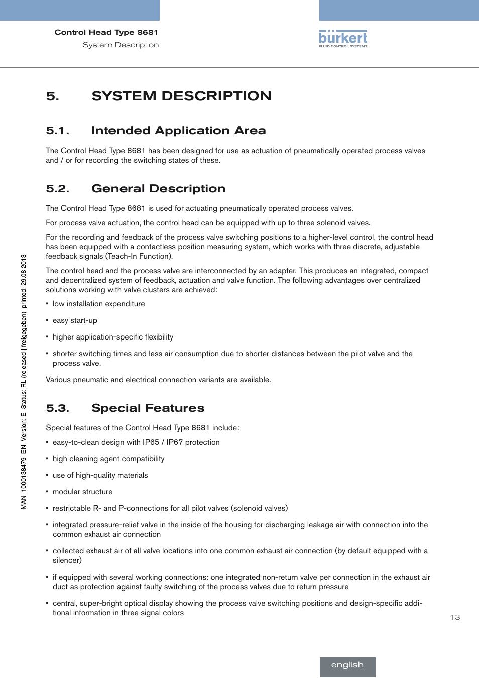 System description, Intended application area, General description | Special features, System description 5, Intended application area 5.1, General description 5.2, Special features 5.3 | Burkert Type 8681 User Manual | Page 13 / 90