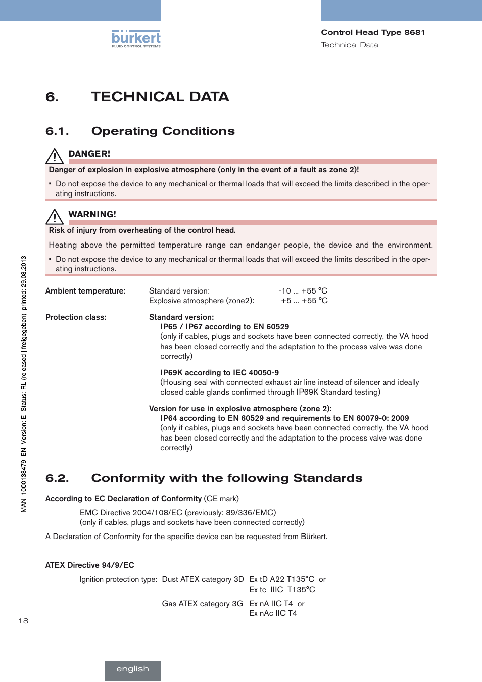 Technical data, Operating conditions, Conformity with the following standards | Operating conditions 6.1 | Burkert Type 8681 User Manual | Page 18 / 90