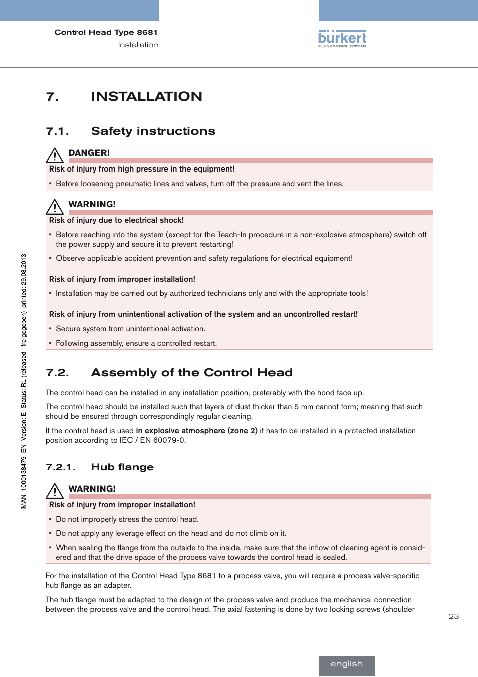 Installation, Safety instructions, Assembly of the control head | Hub flange, Safety instructions 7.1, Assembly of the control head 7.2 | Burkert Type 8681 User Manual | Page 23 / 90