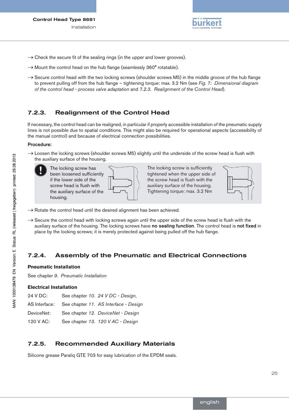 Realignment of the control head, Recommended auxiliary materials | Burkert Type 8681 User Manual | Page 25 / 90