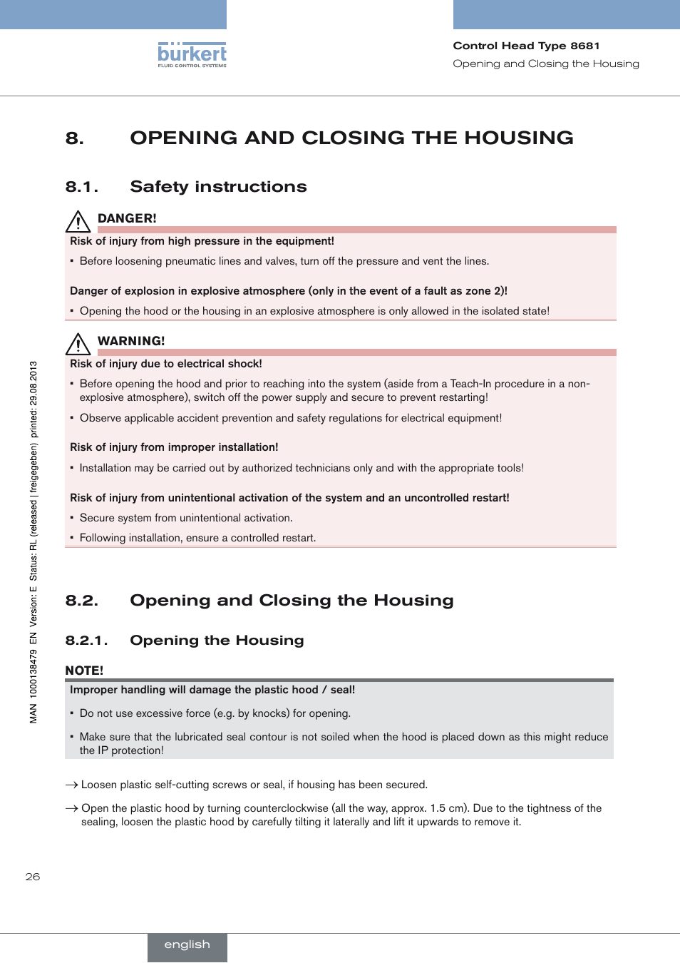 Opening and closing the housing, Safety instructions, Opening the housing | Safety instructions 8.1, Opening and closing the housing 8.2 | Burkert Type 8681 User Manual | Page 26 / 90