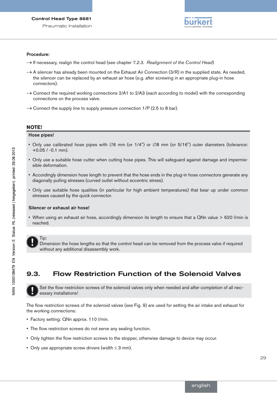 Flow restriction function of the solenoid valves | Burkert Type 8681 User Manual | Page 29 / 90