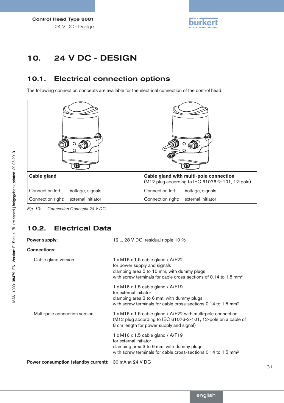 24 v dc - design, Electrical connection options, Electrical data | Hapter, Electrical connection options 10.1, Electrical data 10.2 | Burkert Type 8681 User Manual | Page 31 / 90