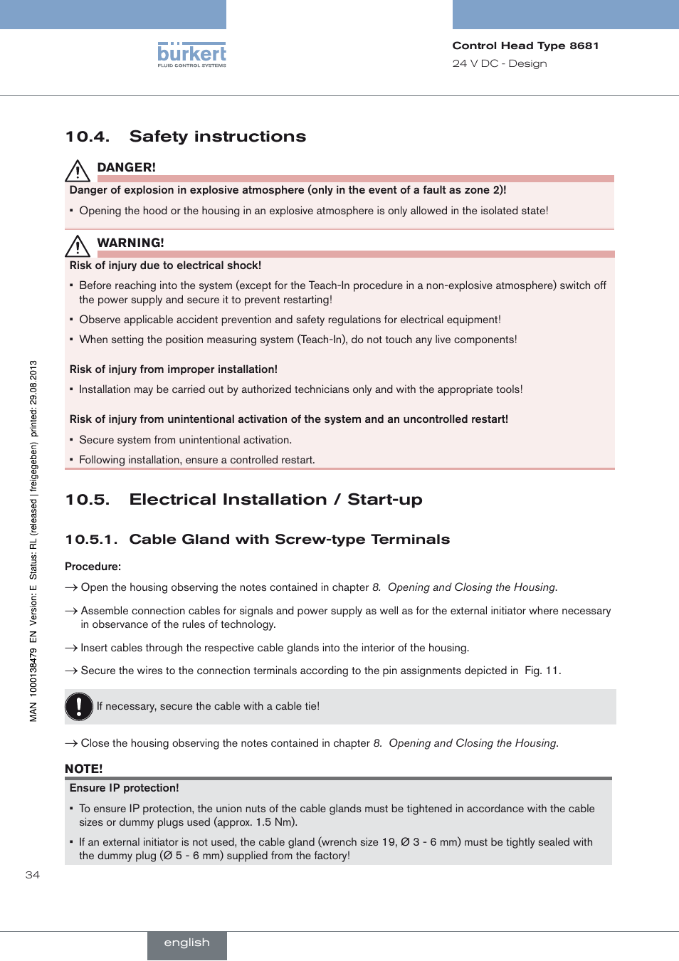 Safety instructions, Electrical installation / start-up, Cable gland with screw-type terminals | Safety instructions 10.4 | Burkert Type 8681 User Manual | Page 34 / 90