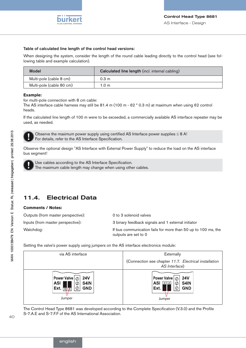 Electrical data, Electrical data 11.4 | Burkert Type 8681 User Manual | Page 40 / 90