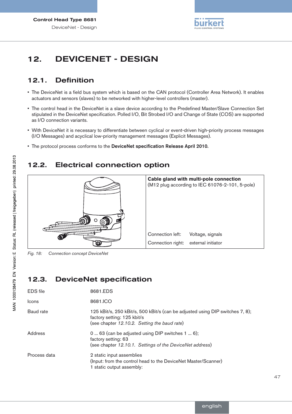 Devicenet - design, Definition, Electrical connection option | Devicenet specification, Definition 12.1, Electrical connection option 12.2, Devicenet specification 12.3 | Burkert Type 8681 User Manual | Page 47 / 90