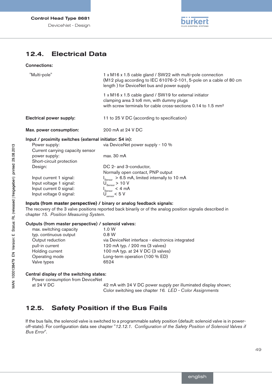 Electrical data, Safety position if the bus fails, Electrical data 12.4 | Safety position if the bus fails 12.5 | Burkert Type 8681 User Manual | Page 49 / 90