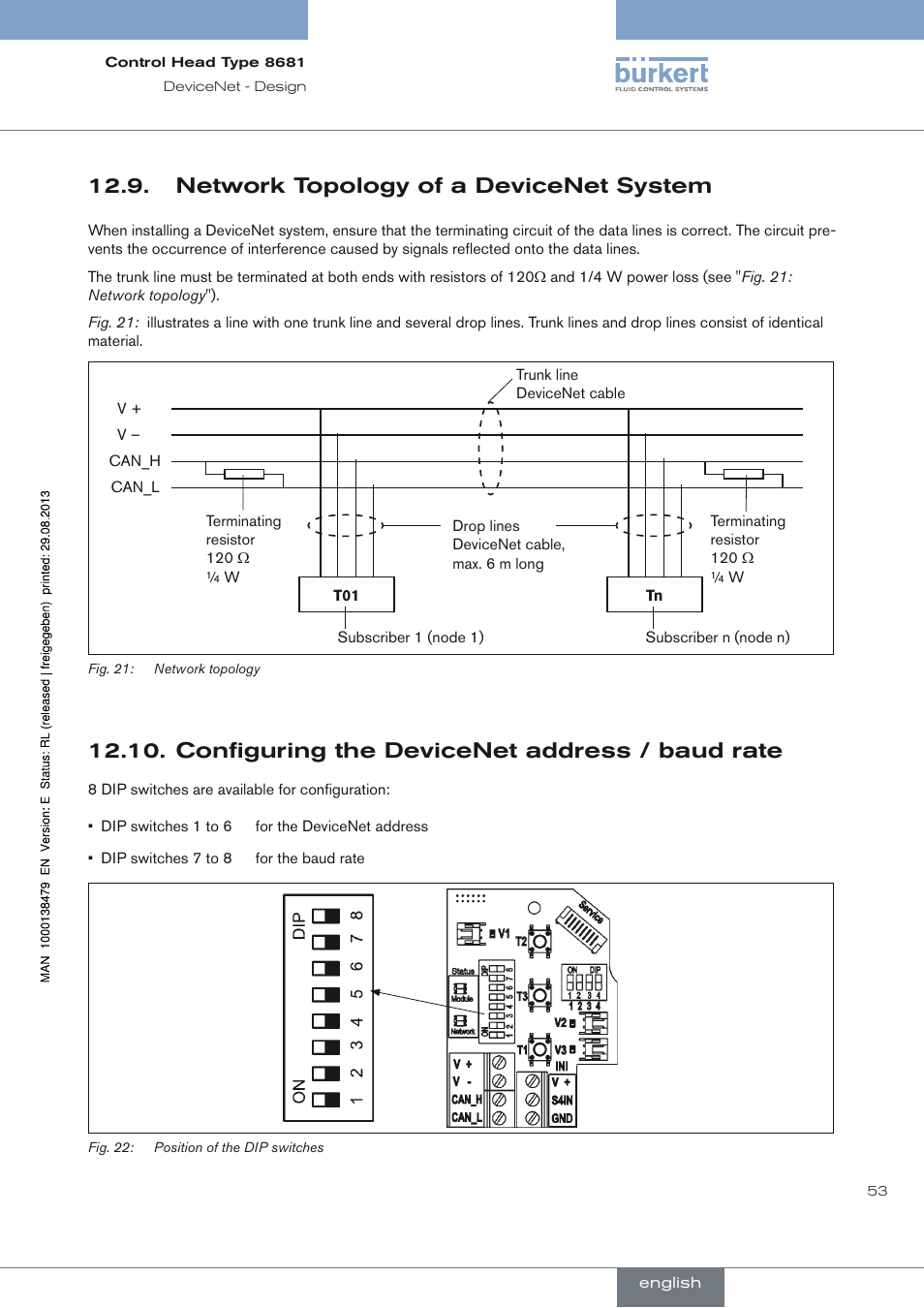 Network topology of a devicenet system, Configuring the devicenet address / baud rate, Network topology of a devicenet system 12.9 | Burkert Type 8681 User Manual | Page 53 / 90