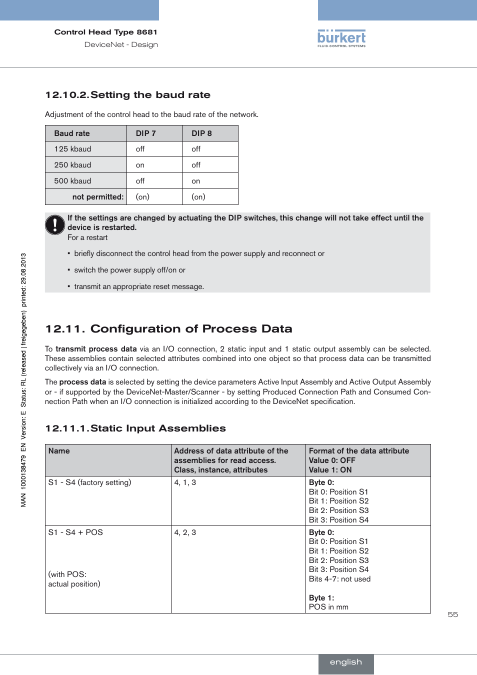 Setting the baud rate, Configuration of process data, Static input assemblies | Configuration of process data 12.11 | Burkert Type 8681 User Manual | Page 55 / 90