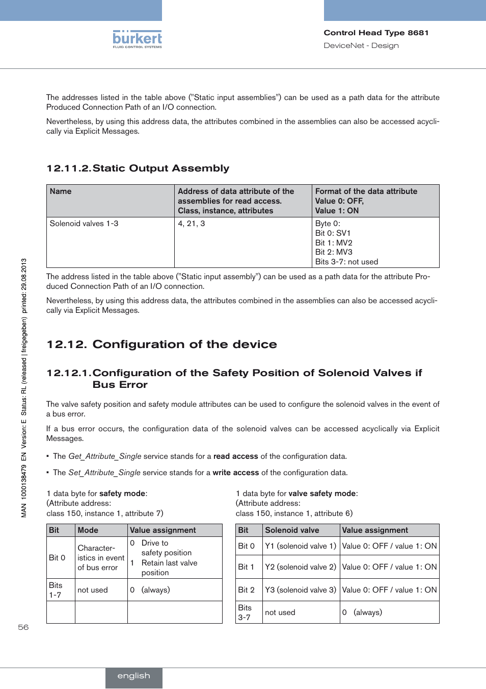 Static output assembly, Configuration of the device, Bus error | Configuration of the device 12.12 | Burkert Type 8681 User Manual | Page 56 / 90