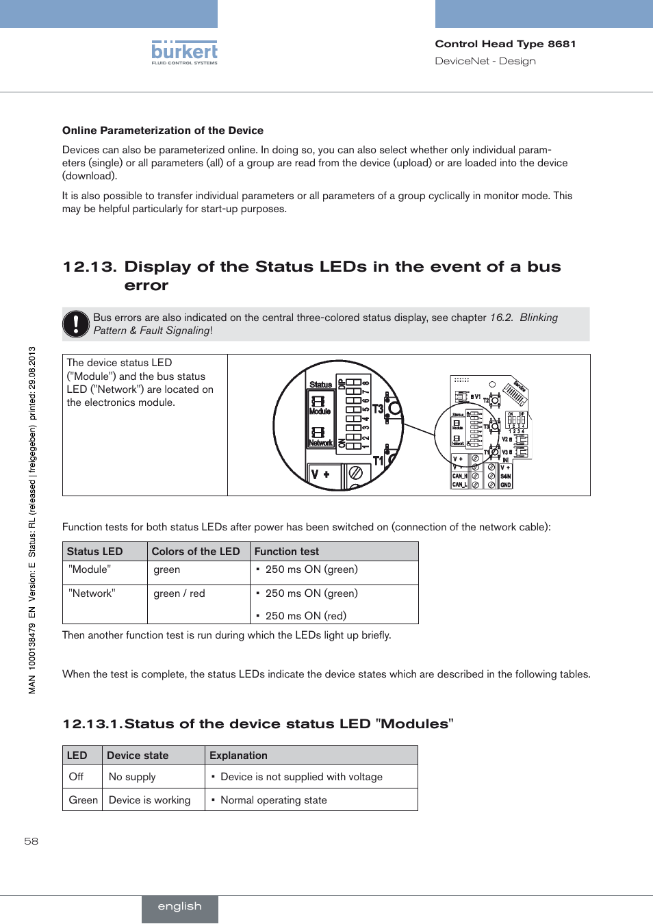 Status of the device status led "modules | Burkert Type 8681 User Manual | Page 58 / 90