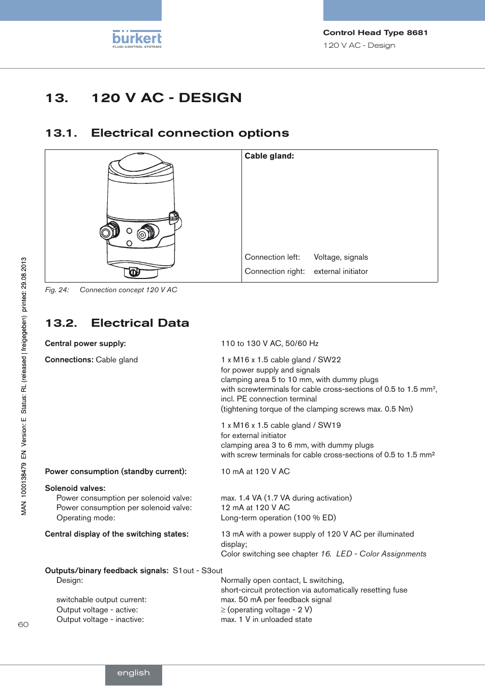 120 v ac - design, Electrical connection options, Electrical data | Electrical connection options 13.1, Electrical data 13.2 | Burkert Type 8681 User Manual | Page 60 / 90
