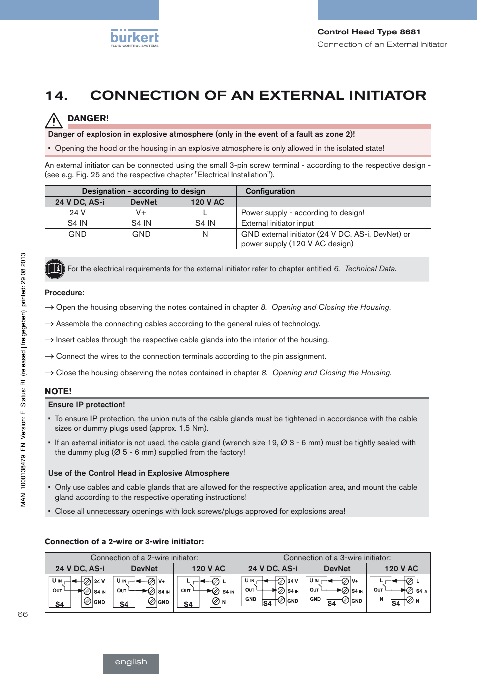 Connection of an external initiator, Connection of an external initiator 14 | Burkert Type 8681 User Manual | Page 66 / 90