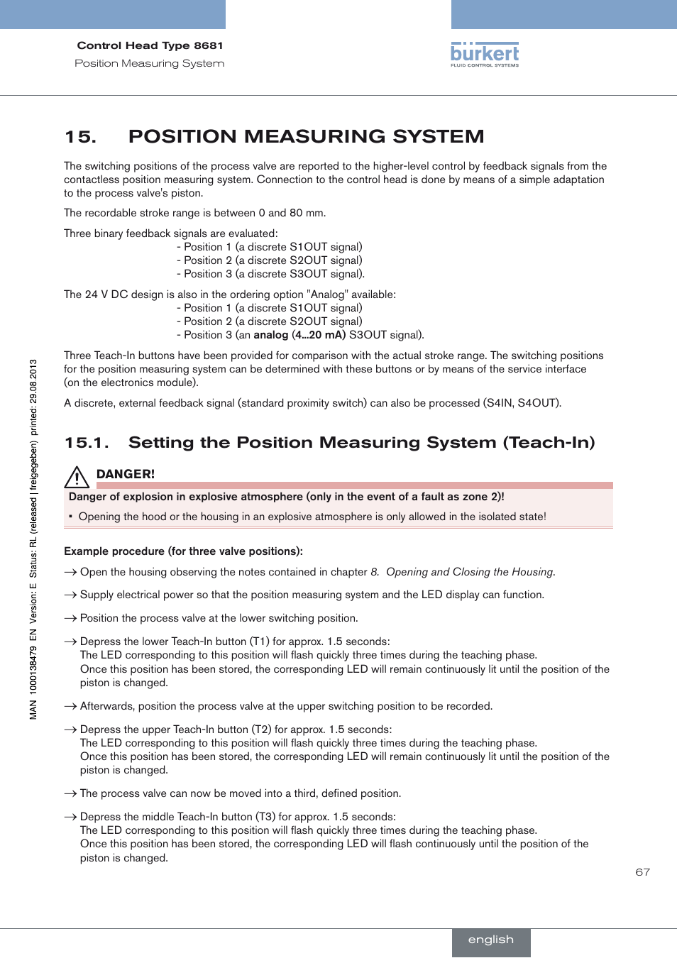 Position measuring system, Setting the position measuring system (teach-in), Position | Measuring system, Hapter | Burkert Type 8681 User Manual | Page 67 / 90