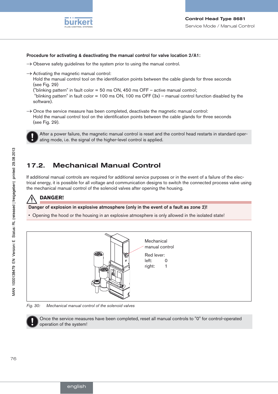 Mechanical manual control | Burkert Type 8681 User Manual | Page 76 / 90