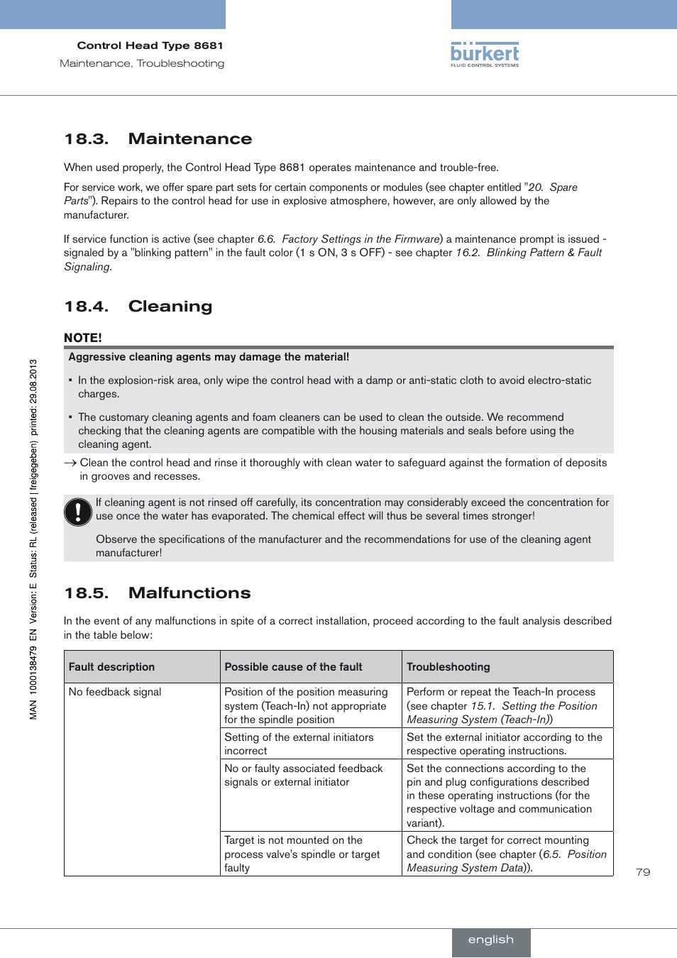 Maintenance, Cleaning, Malfunctions | Cleaning 18.4, Malfunctions 18.5 | Burkert Type 8681 User Manual | Page 79 / 90