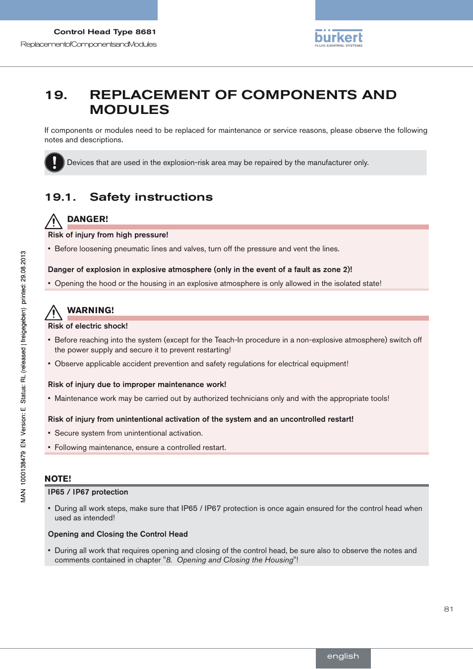 Replacement of components and modules, Safety instructions, Replacement of components and 19. modules | Safety instructions 19.1 | Burkert Type 8681 User Manual | Page 81 / 90