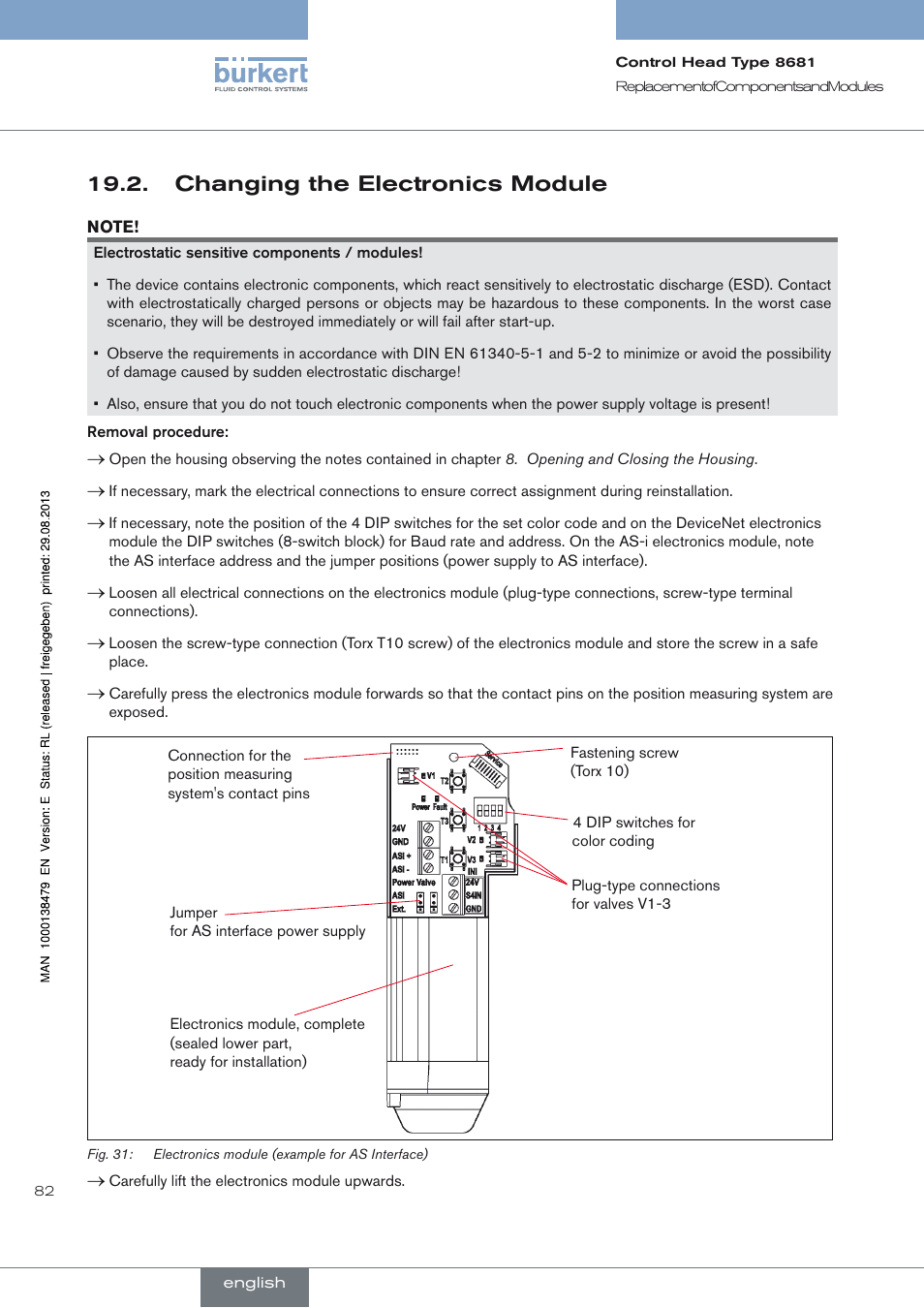 Changing the electronics module | Burkert Type 8681 User Manual | Page 82 / 90