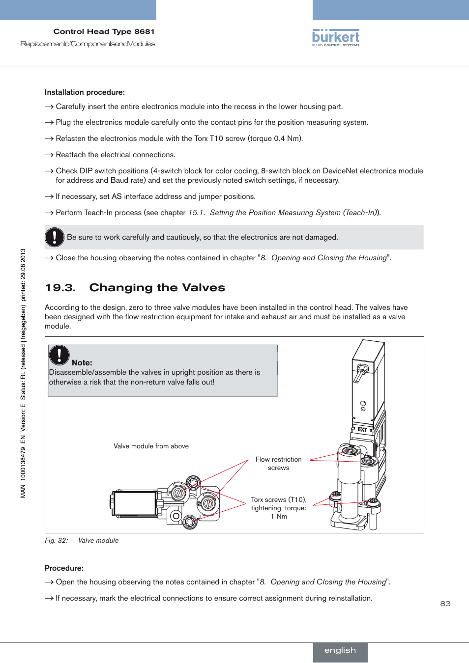 Changing the valves, Changing the valves 19.3 | Burkert Type 8681 User Manual | Page 83 / 90