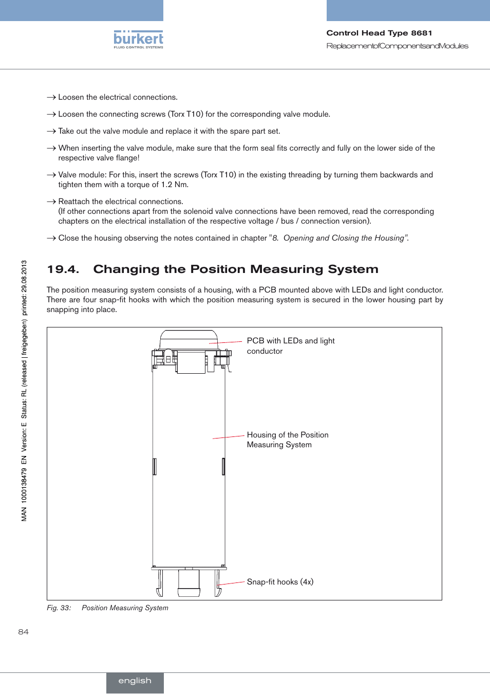 Changing the position measuring system, Changing the position measuring system 19.4 | Burkert Type 8681 User Manual | Page 84 / 90