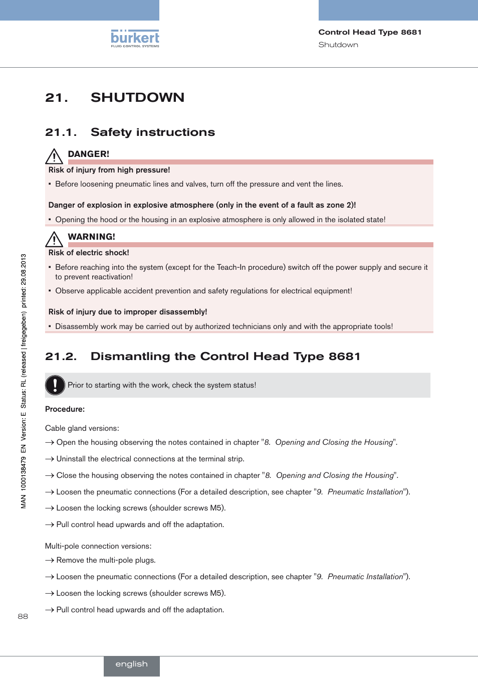 Shutdown, Safety instructions, Dismantling the control head type 8681 | Shutdown 21, Safety instructions 21.1 | Burkert Type 8681 User Manual | Page 88 / 90