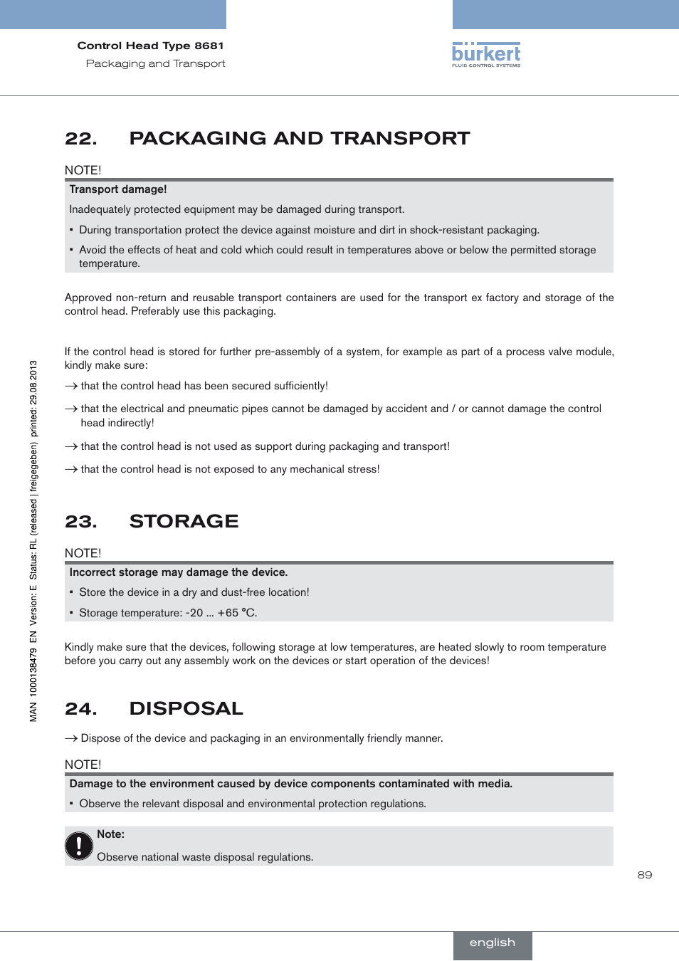 Packaging and transport, Storage, Disposal | Packaging and transport 22, Storage 23, Disposal 24 | Burkert Type 8681 User Manual | Page 89 / 90