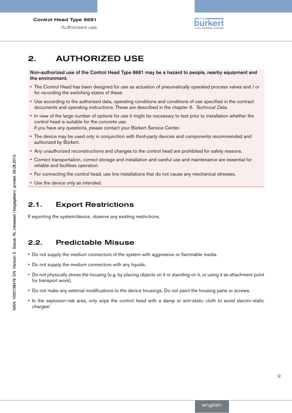 Authorized use, Export restrictions, Predictable misuse | Authorized use 2, Export restrictions 2.1, Predictable misuse 2.2 | Burkert Type 8681 User Manual | Page 9 / 90