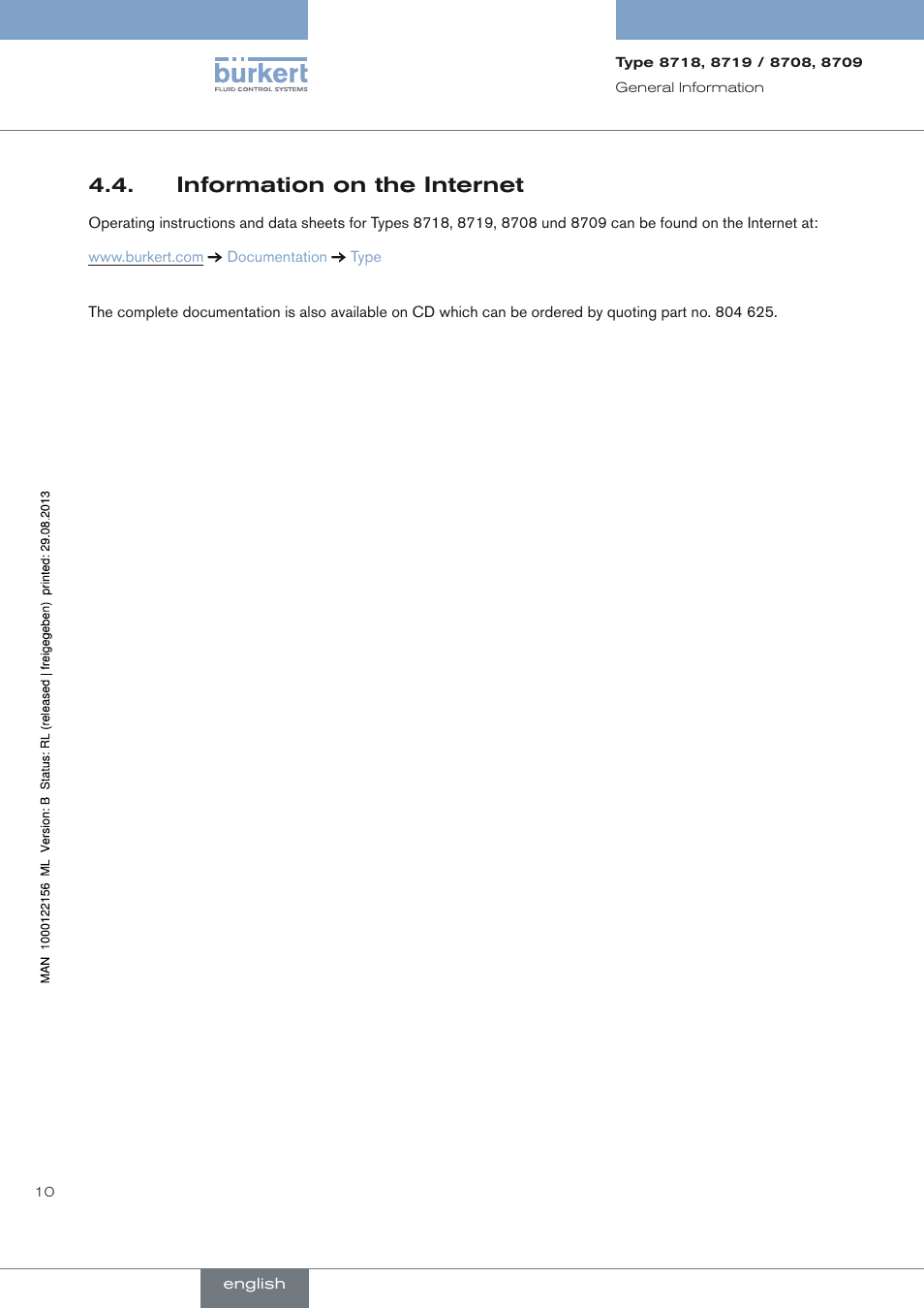 Information on the internet, Information on the internet 4.4 | Burkert Type 8709 User Manual | Page 10 / 154