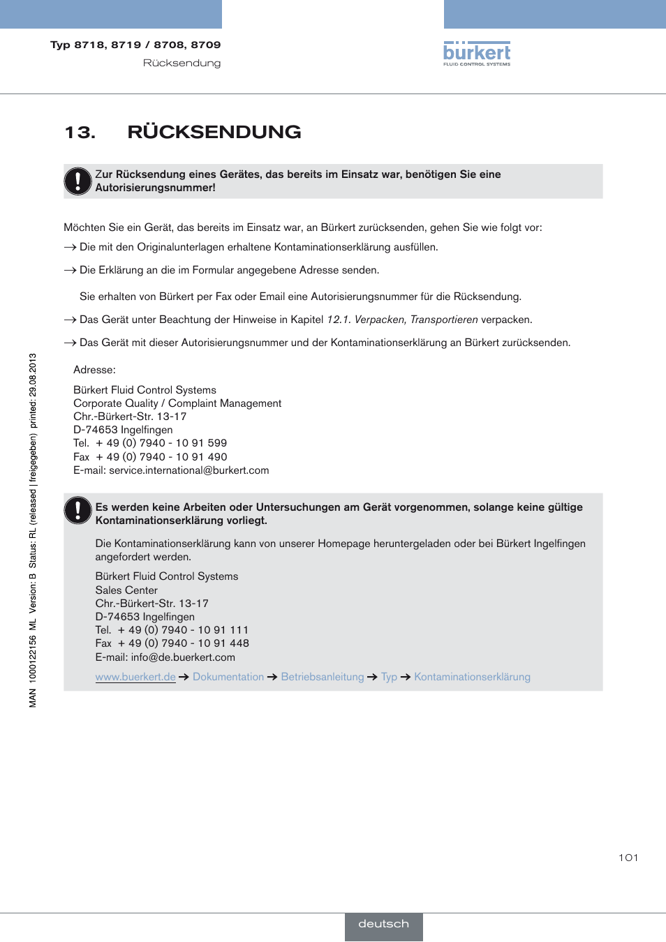 Rücksendung, Rücksendung 13 | Burkert Type 8709 User Manual | Page 101 / 154