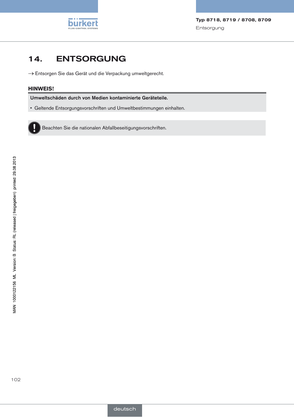 Francais, Entsorgung, Entsorgung 14 | Burkert Type 8709 User Manual | Page 102 / 154