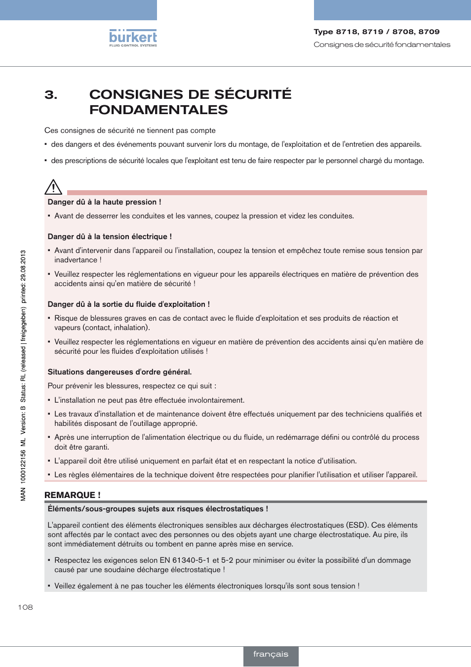 Consignes de sécurité fondamentales, Consignes de sécurité 3. fondamentales | Burkert Type 8709 User Manual | Page 108 / 154