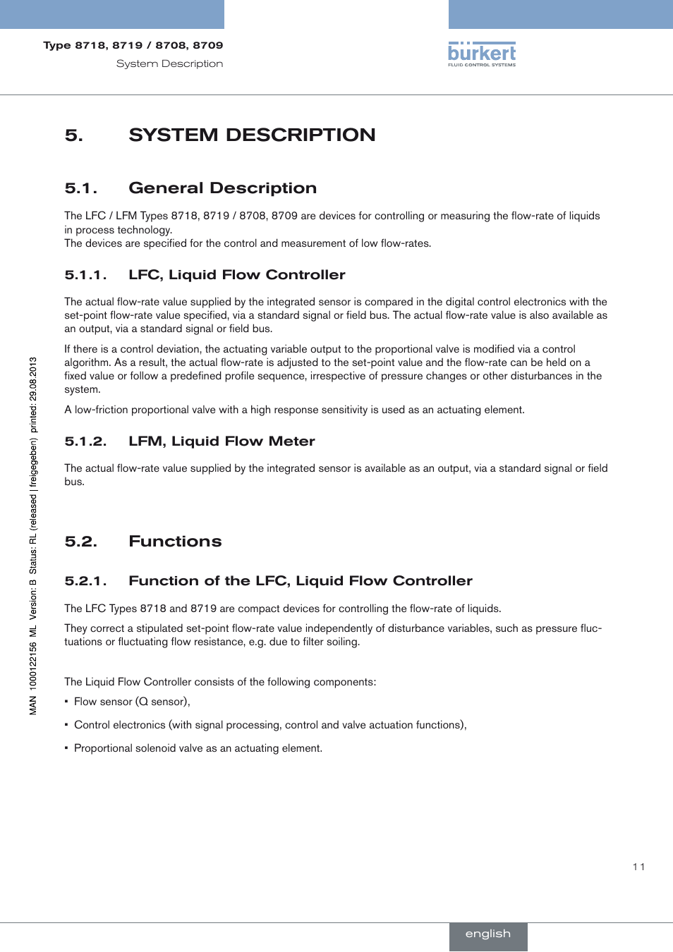 System description, General description, Lfc, liquid flow controller | Lfm, liquid flow meter, Functions, Function of the lfc, liquid flow controller, System description 5, Functions 5.2 | Burkert Type 8709 User Manual | Page 11 / 154