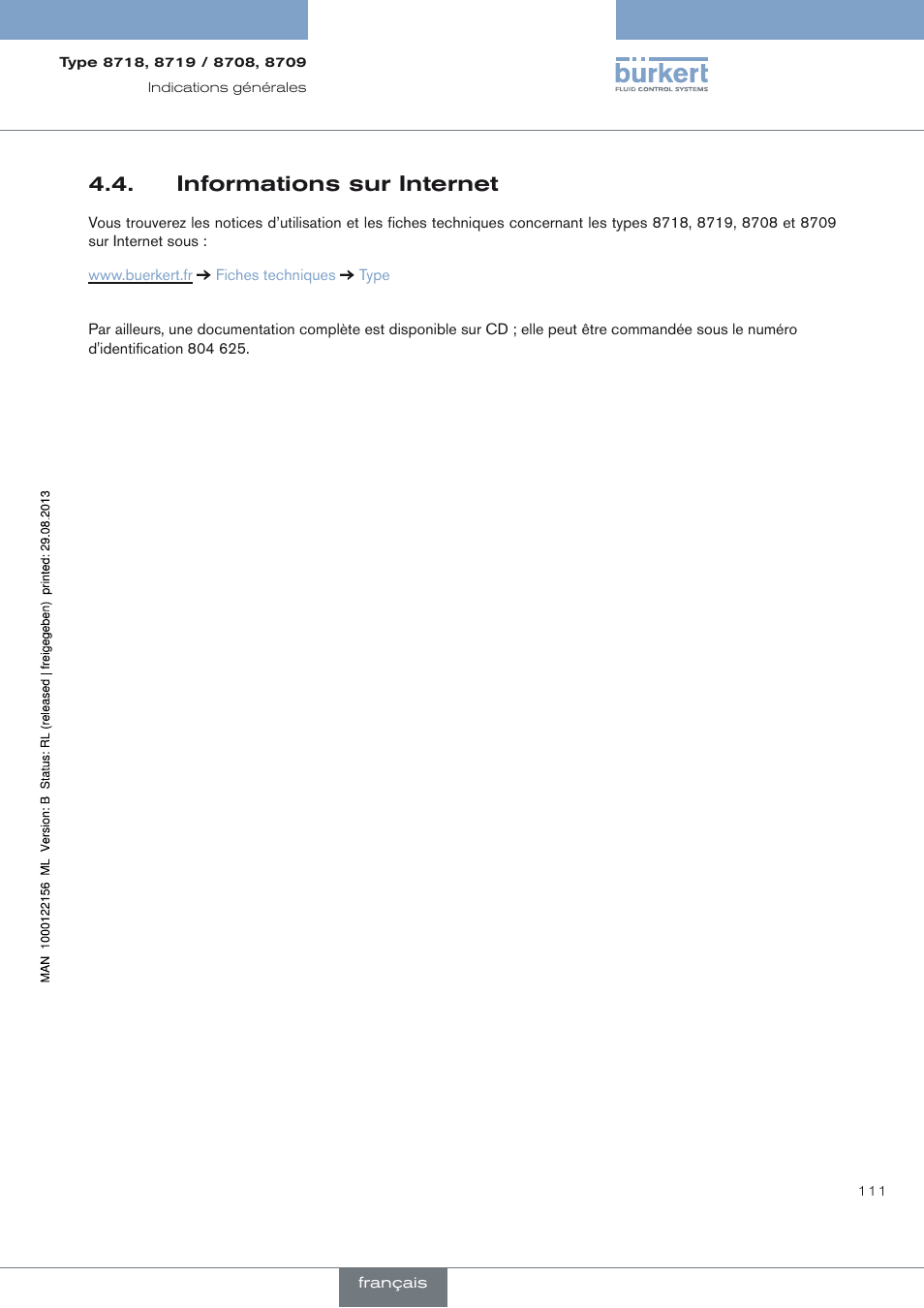 Informations sur internet, Informations sur internet 4.4 | Burkert Type 8709 User Manual | Page 111 / 154