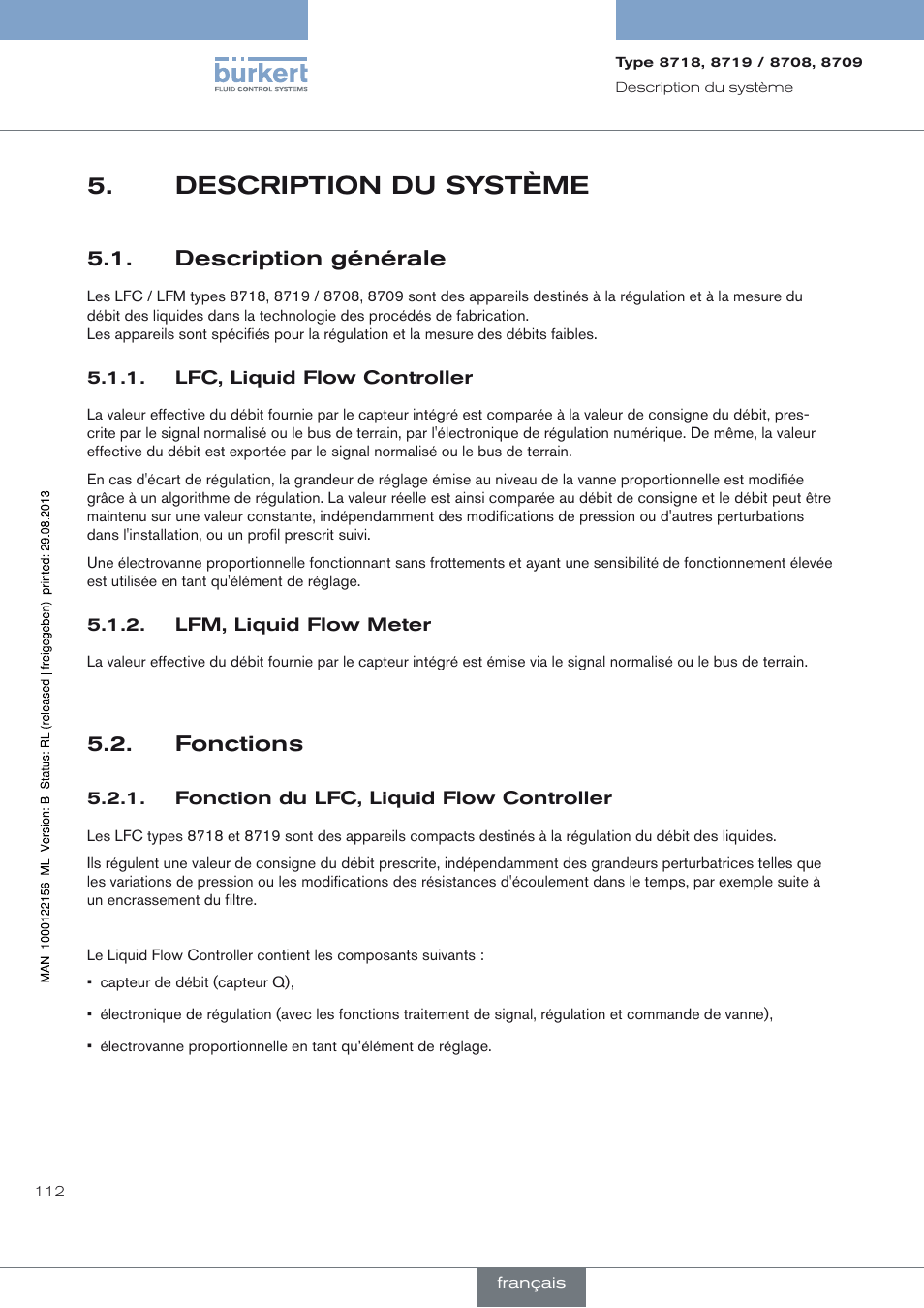Description du système, Description générale, Lfc, liquid flow controller | Lfm, liquid flow meter, Fonctions, Fonction du lfc, liquid flow controller, Description du système 5, Fonctions 5.2 | Burkert Type 8709 User Manual | Page 112 / 154