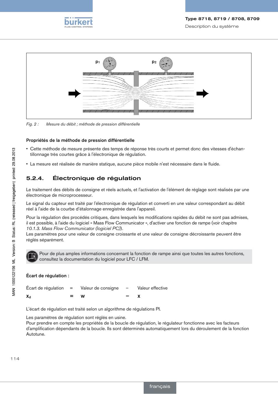 Électronique de régulation, Fig. 2 : mesure du débit ; méthode de, Pression différentielle | Burkert Type 8709 User Manual | Page 114 / 154