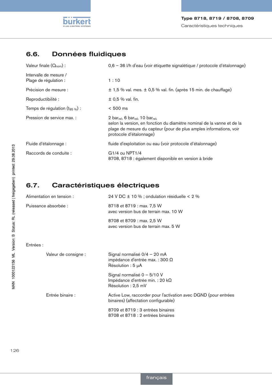 Données fluidiques, Caractéristiques électriques, Caractéristiques électriques 6.7 | Burkert Type 8709 User Manual | Page 126 / 154