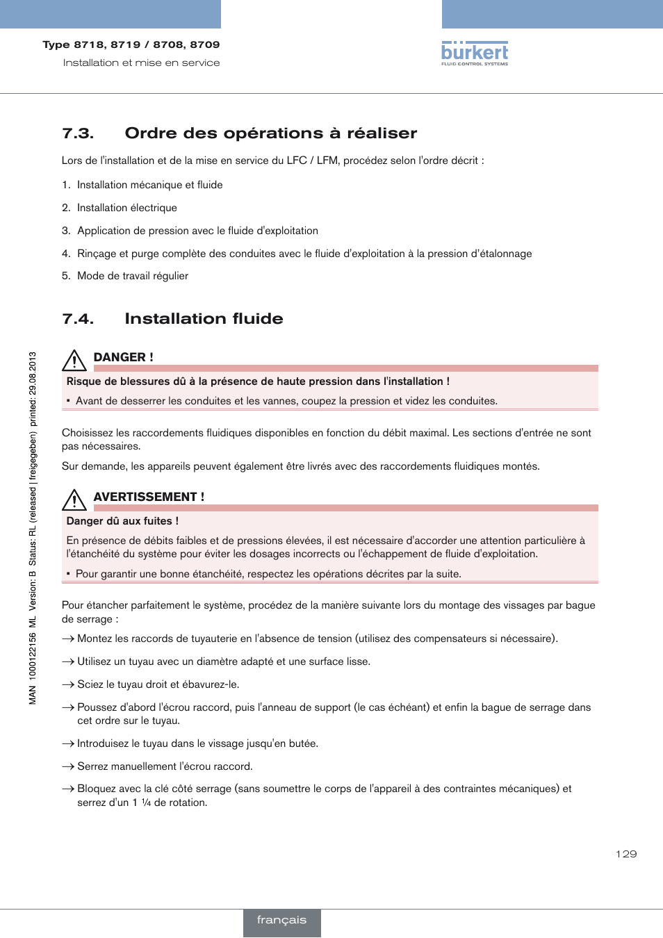 Ordre des opérations à réaliser, Installation fluide, Ordre des opérations à réaliser 7.3 | Installation fluide 7.4 | Burkert Type 8709 User Manual | Page 129 / 154