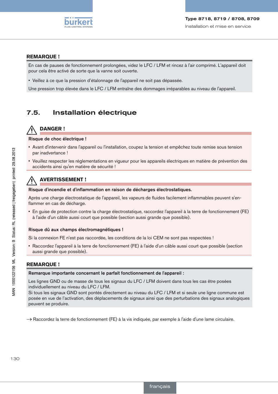 Installation électrique, Installation électrique 7.5 | Burkert Type 8709 User Manual | Page 130 / 154