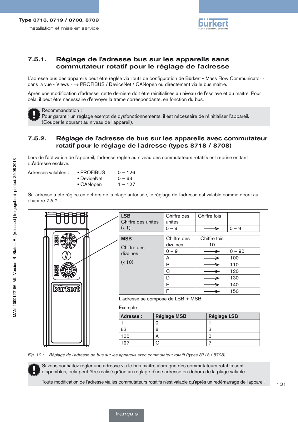 De l'adresse, De l'adresse (types 8718 / 8708) | Burkert Type 8709 User Manual | Page 131 / 154