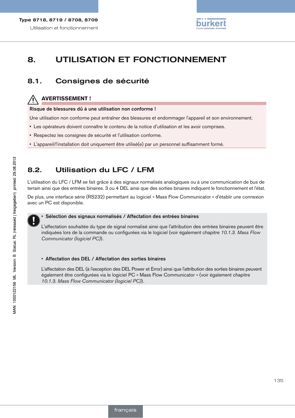 Utilisation et fonctionnement, Consignes de sécurité, Utilisation du lfc / lfm | Utilisation et fonctionnement 8, Consignes de sécurité 8.1, Utilisation du lfc / lfm 8.2 | Burkert Type 8709 User Manual | Page 135 / 154
