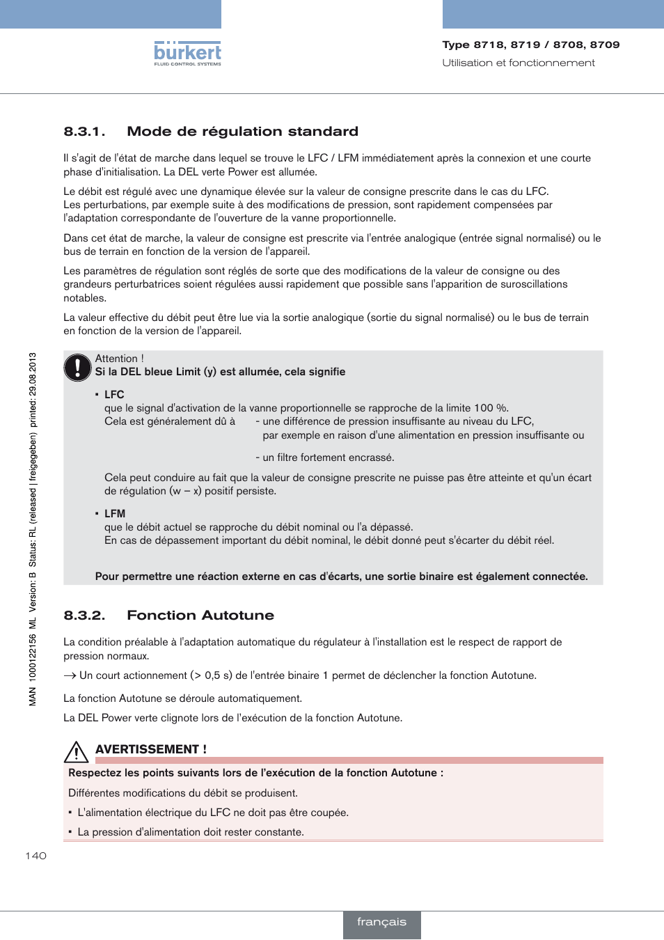 Mode de régulation standard, Fonction autotune | Burkert Type 8709 User Manual | Page 140 / 154
